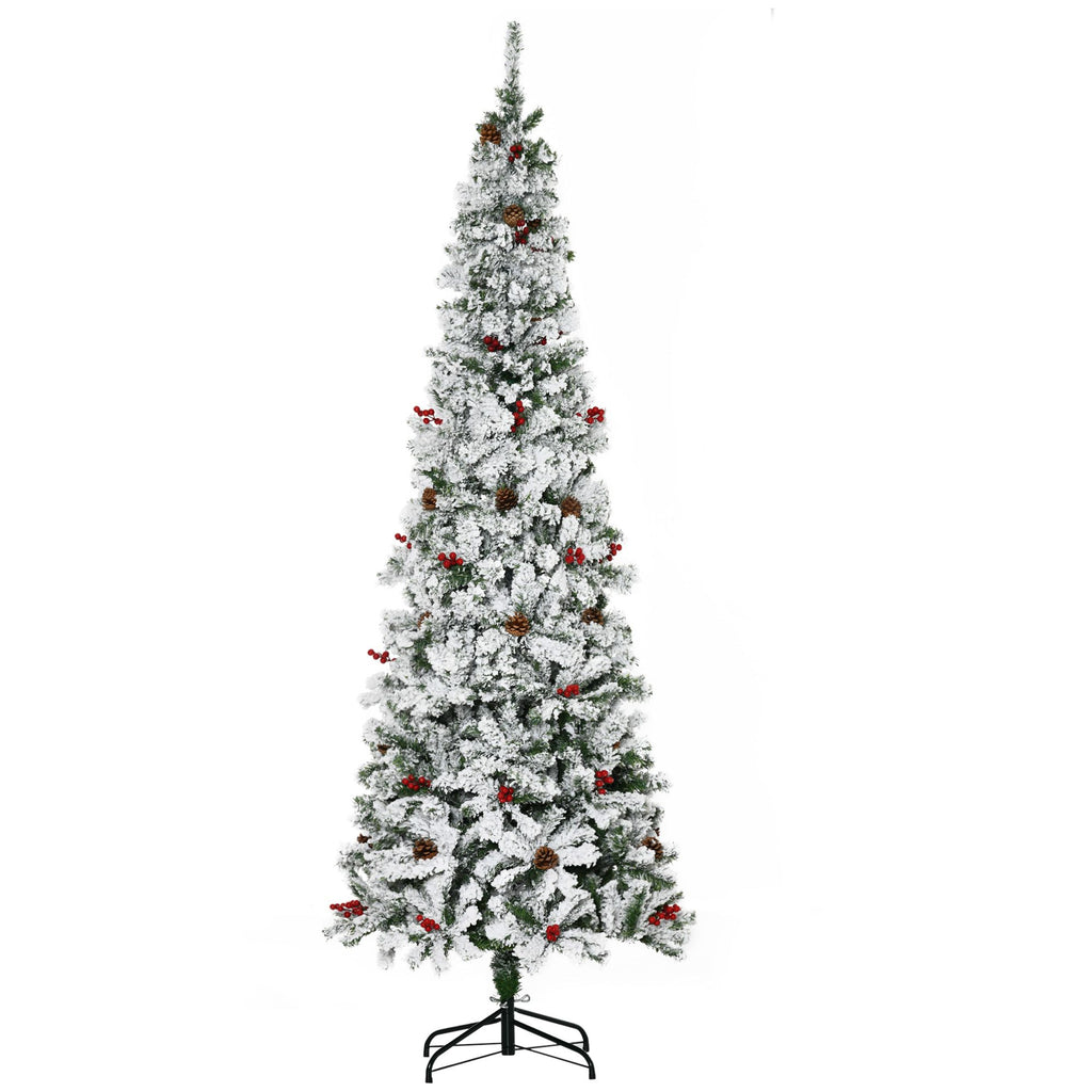 7.5ft Artificial Christmas Tree, Flocked Christmas Tree Pre Lit with 950 Branches & Detachable Base, Pencil Christmas Tree, Green/White