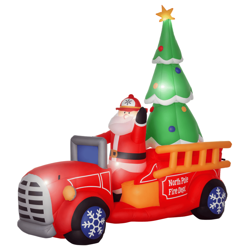 7.5ft Christmas Inflatable Santa Claus Driving a Fire Truck with Tree, Outdoor Blow-Up Yard Decoration with LED Lights Display