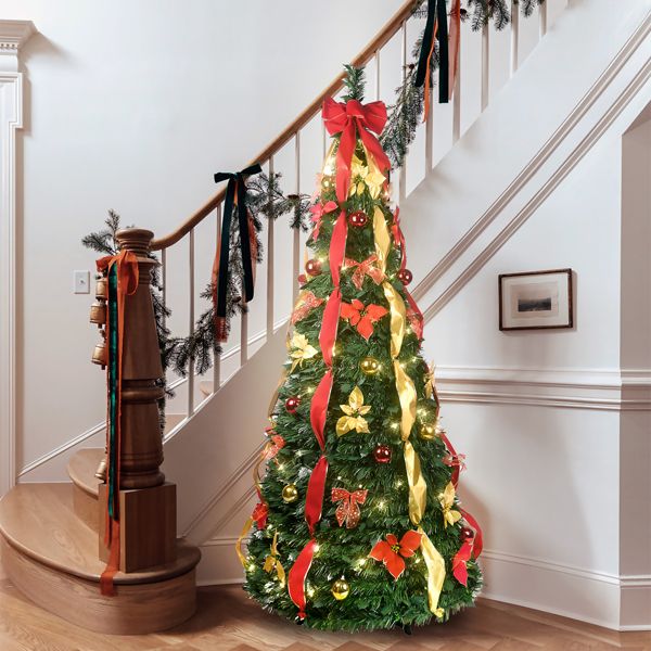 7.5FT Pop-Up Christmas Tree with 200 Warm White UL Lights – Pre-Decorated with Red & Gold Ornaments, Flowers, Ribbons & Bows – Easy Assembly, Space-Saving Collapsible Holiday Tree