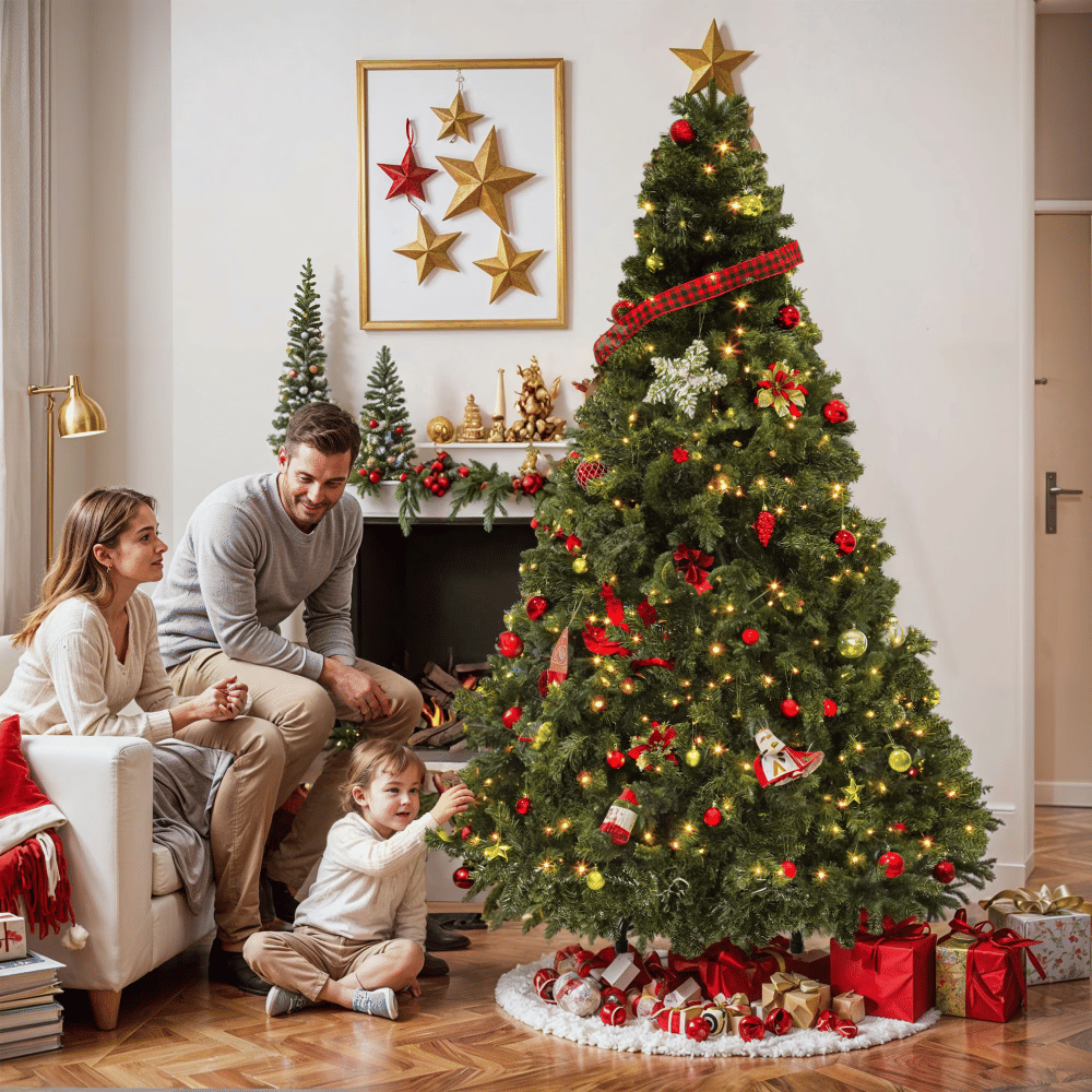 7.5ft Pre-lit Hinged Spruce Artificial Christmas Tree with 1450 Branch Tips & 550 Lights, Remote Control, 11 Light Modes, Green