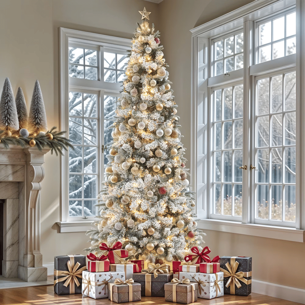 7.5ft Pre-lit Snow Flocked Pencil Christmas Tree with 1000 Branch Tips & 350 Lights, Remote Control, White Flocked
