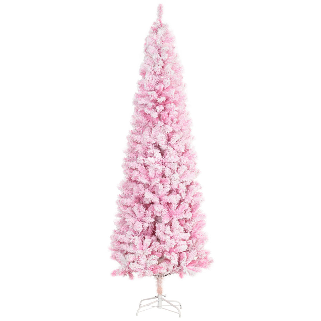 7.5ft Tall Unlit Snow Flocked Artificial Christmas Tree, Slim Pencil Xmas Tree with Pine Shape and Realistic Branches, Pink
