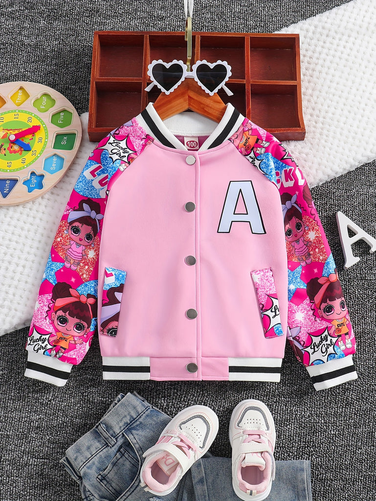 Young Girl's Trendy Cartoon & 'A' Pattern Raglan Bomber/ Varsity Jacket For Party Going Out, Kids Clothes For Fall/ Spring