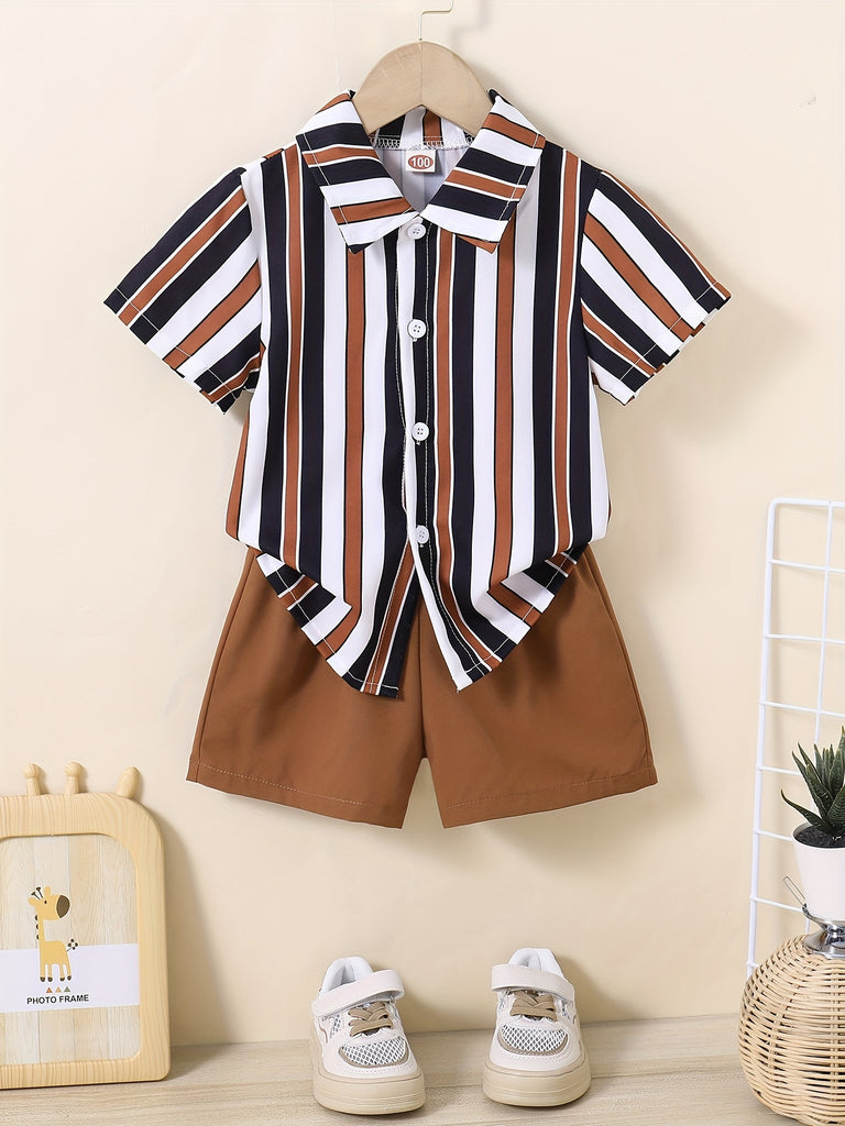 2pcs Boys Casual Vertical Striped Short Sleeve Lapel Shirt & Shorts Set, Comfy Summer Boys Clothing