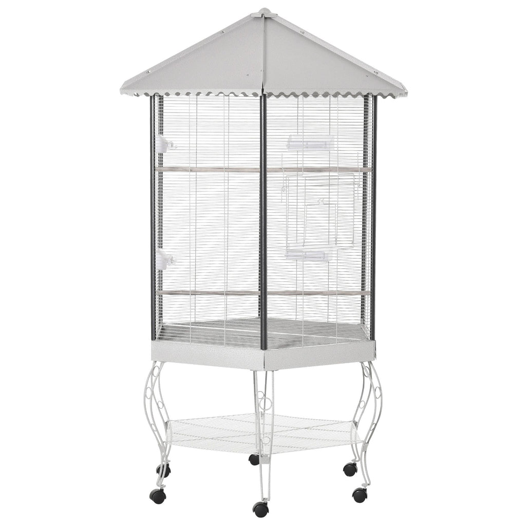 77" Flight Bird Cage Hexagon Covered Canopy, Portable Bird Aviary With Storage, Gray and White