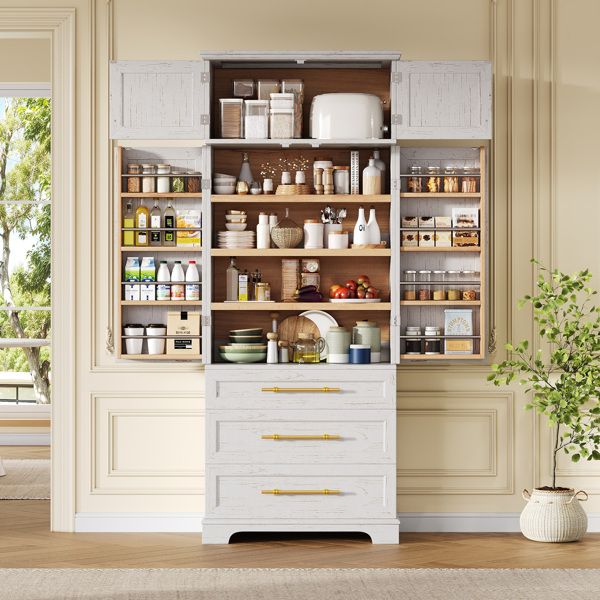78.2" Tall Farmhouse Kitchen Pantry Cabinet with 8 Door Shelves, Storage Cabinet with 3 Adjustable Shelves, 3 Large Drawers, Versatile Cupboard for Kitchen, Dining & Bathroom, Retro White