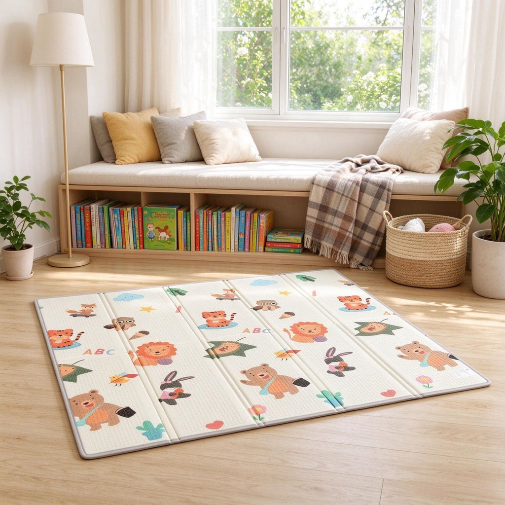 79" x 71" Reversible Baby Play Mat, Foldable & Thick Floor Mat with Giraffe & Woodland Animals Design, Waterproof & Non-Slip for Crawling & Tummy Time