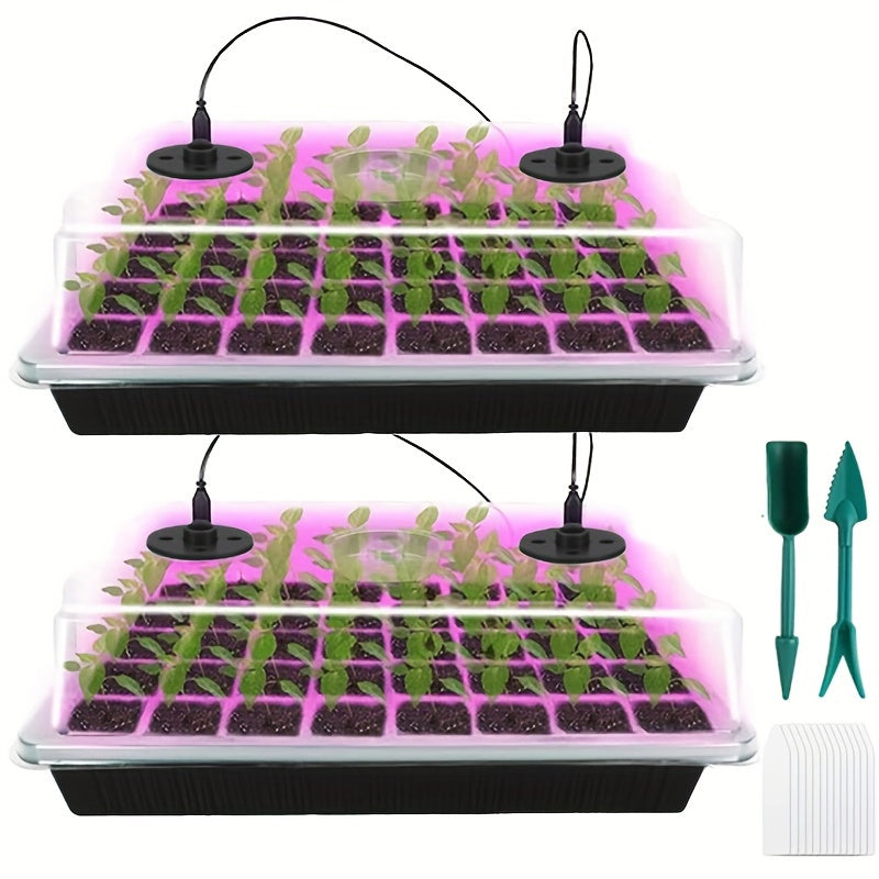 2pcs of Seed Starter Discs with Plant Lights, Plant Germination Kits, with Adjustable Humidity Dome and Transparent Cell Trays, with 8 Full Spectrum LED Bulbs, Suitable for Indoor Plants, Mini Greenhouse for Fruits, Vegetable