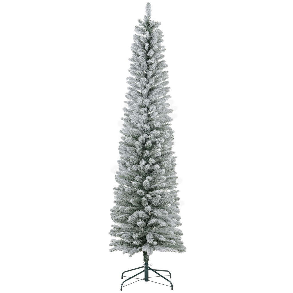7ft Artificial Christmas Tree, Snow Flocked Branches, Metal Base, Pencil Xmas Tree