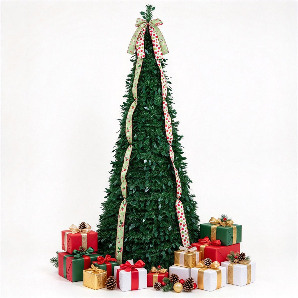 7ft Collapsible Pop Up Christmas Tree Artificial PVC Xmas Tree with Satin Ribbons & Bow Unlit Holiday Decor for Home Office
