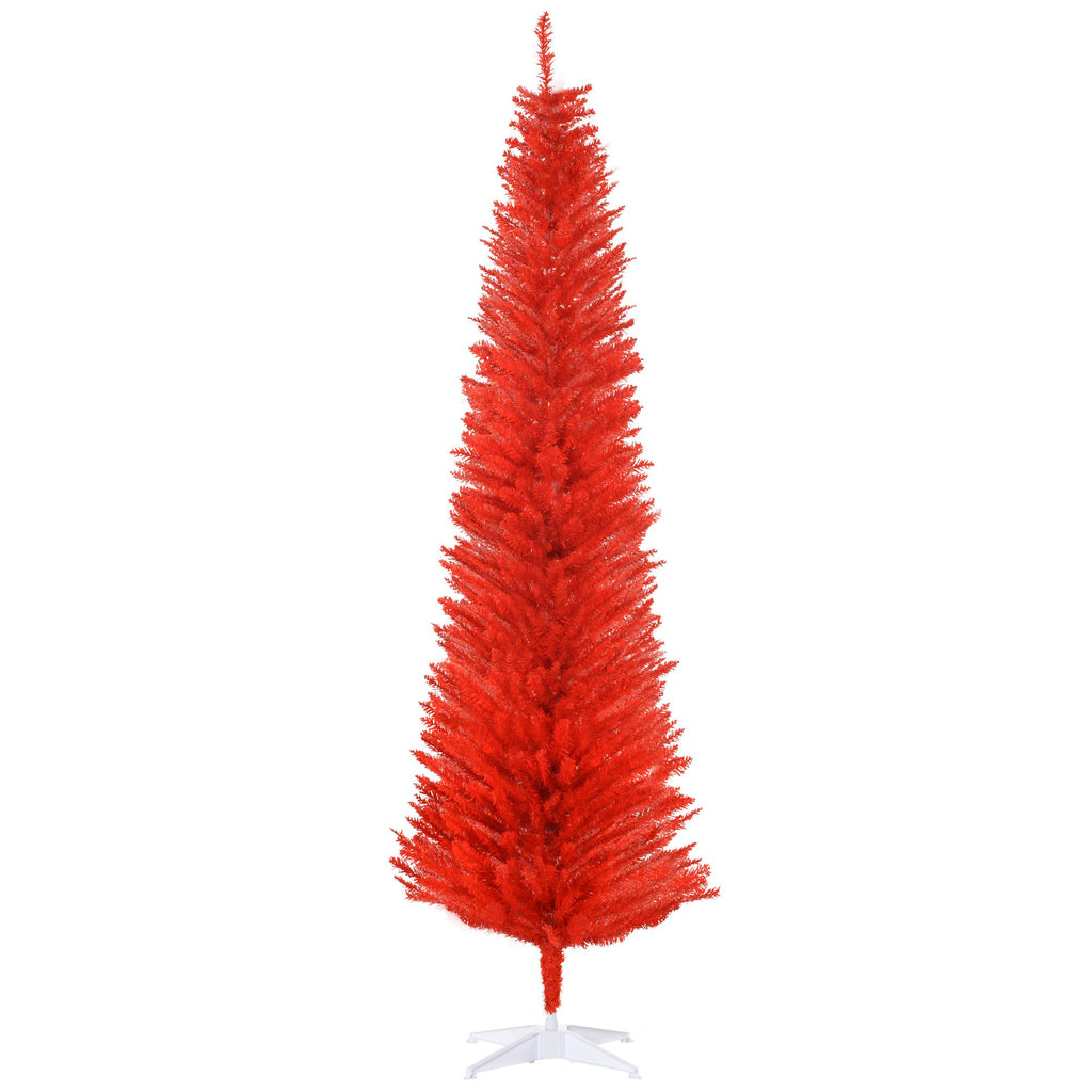 7FT Decorated Christmas Tree, Pencil Christmas Tree with 499 Realistic Branch Tips and Plastic Stand, Red