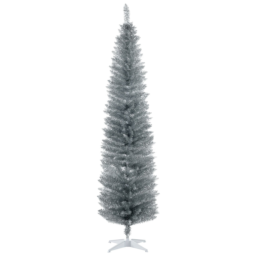 7FT Decorated Christmas Tree, Pencil Christmas Tree with 499 Realistic Branch Tips and Plastic Stand, Silver