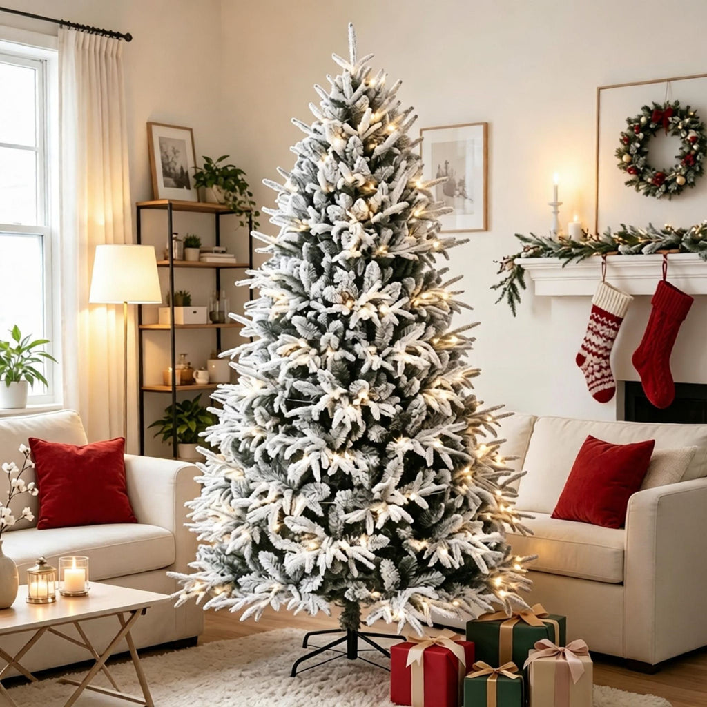 7ft Flocked Christmas Tree Hinged Design 2679 Tips 350 Warm White LEDs
