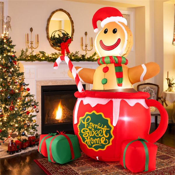 7ft Inflatable Gingerbread Man - Built-in LED Lights, Candy Cane+Hot Cocoa Mug Design, Multi-Color