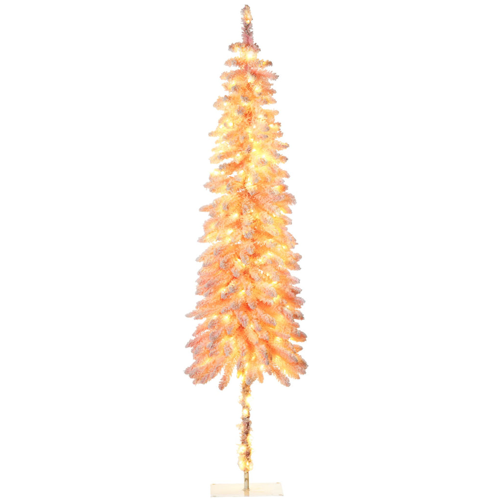 7ft LED Pre-Lit Slim Pencil Christmas Tree Pink Snow Flocked with Downswept Branches