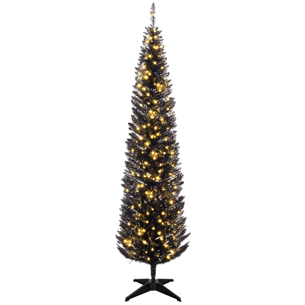 7ft Pencil Christmas Tree, Slim Artificial Christmas Tree with Realistic Branches and Warm White LED Lights, Black