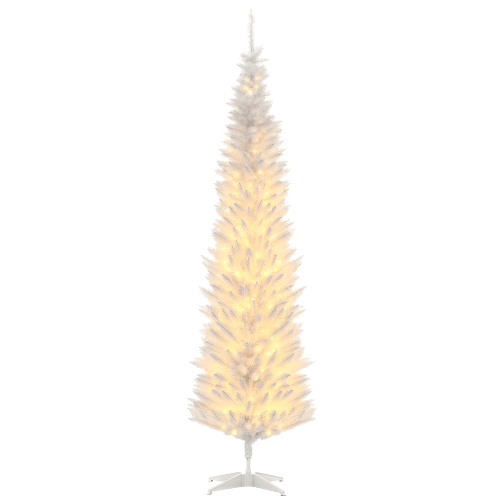 7ft Pencil Christmas Tree, Slim Artificial Christmas Tree with Realistic Branches and Warm White LED Lights, White