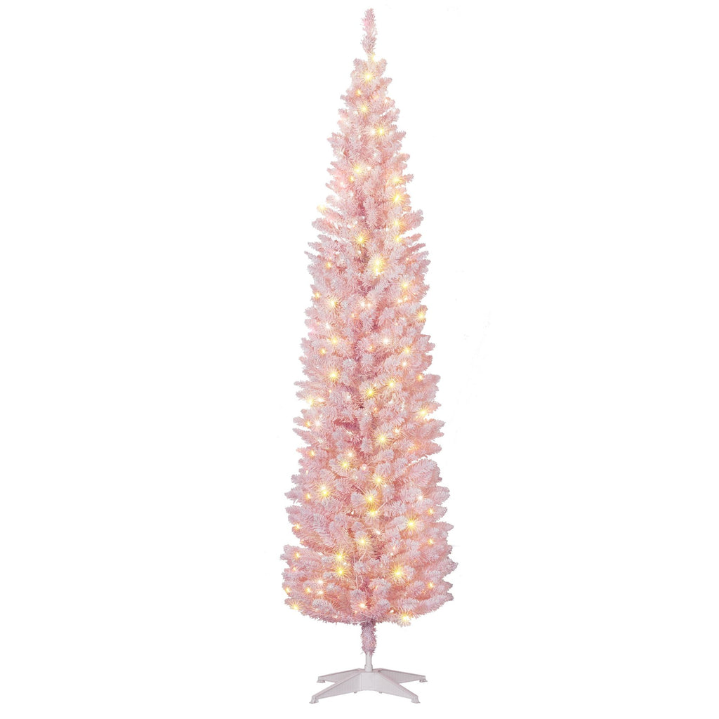 7ft Pencil Christmas Tree, Slim PreLit Christmas Tree with Realistic Branches and Warm White LED Lights, Pink