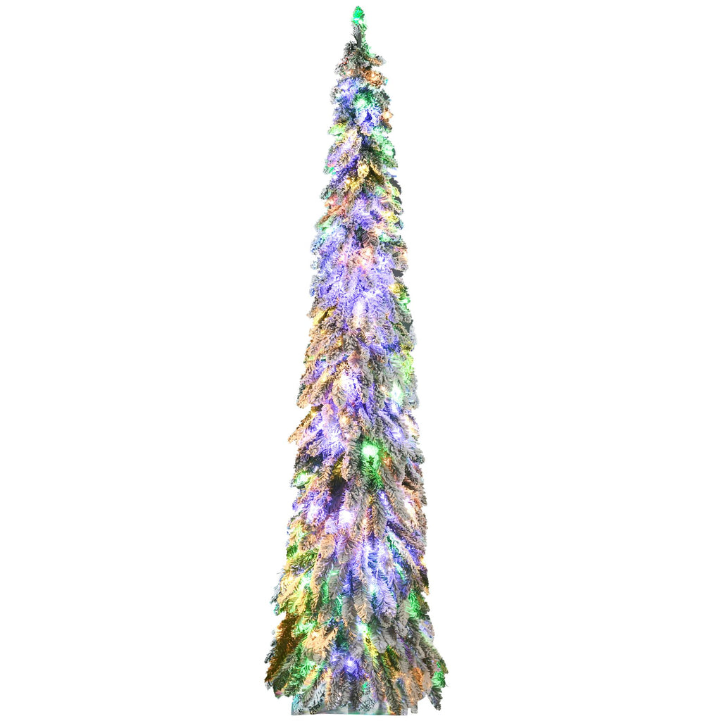 7ft Prelit Pencil Christmas Tree with Snow Flocked Branches 350 LED Lights Downswept Shape for Festive Home