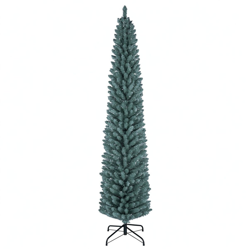 7FT Slim Pencil Artificial Christmas Tree, Frosted Gray-Green & Silver Needles, Flame Retardant PVC, Foldable Crossed Metal Base for Small Spaces Indoor Holiday Decor