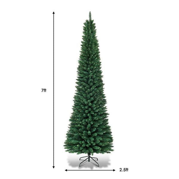 7ft Slim Pencil Christmas Tree - Space-Saving Design for Small Corners, 700 Realistic PVC Branches with Flocked Finish