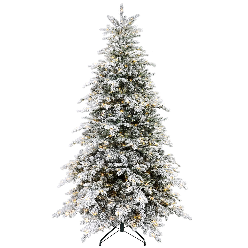 7ft White Christmas Tree with Gold, Pre Lit Frocked Artificial Tree w/ Warm White LED Light, 1650 Tips and Metal Base for Holiday