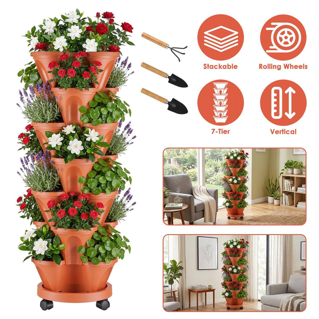 7Tier Vertical Stackable Planter with Rolling Casters, SpaceSaving Stacking Tower with Drainage Holes for Balcony Patio Herb Vegetable Planting