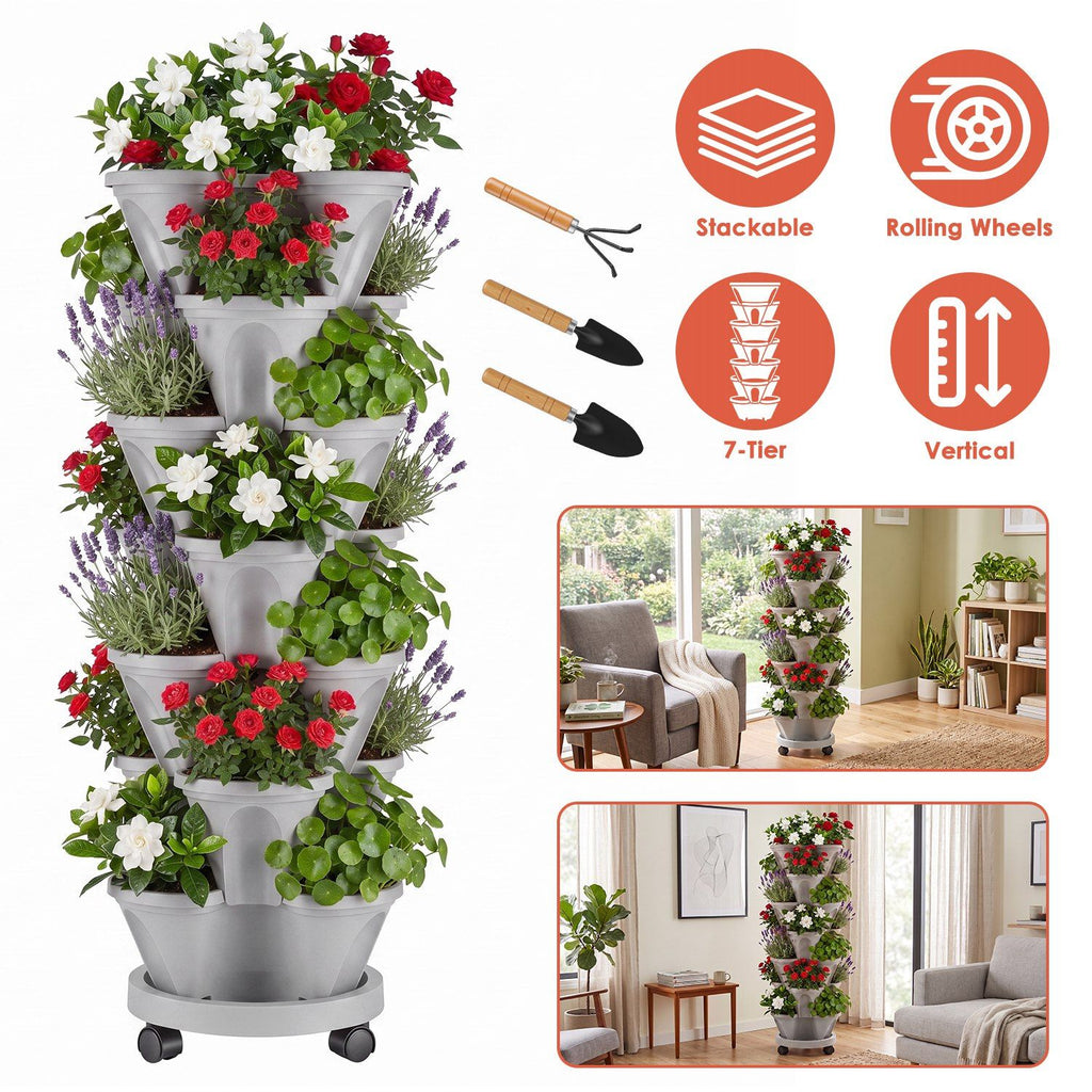 7Tier Vertical Stackable Planter with Rolling Casters, SpaceSaving Stacking Tower with Drainage Holes for Balcony Patio Herb Vegetable Planting