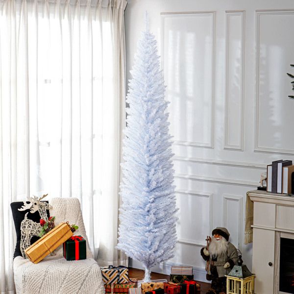 8' Artificial Pencil Christmas Tree, Slim Xmas Tree with 618 Realistic Branch Tips and Plastic Stand, White