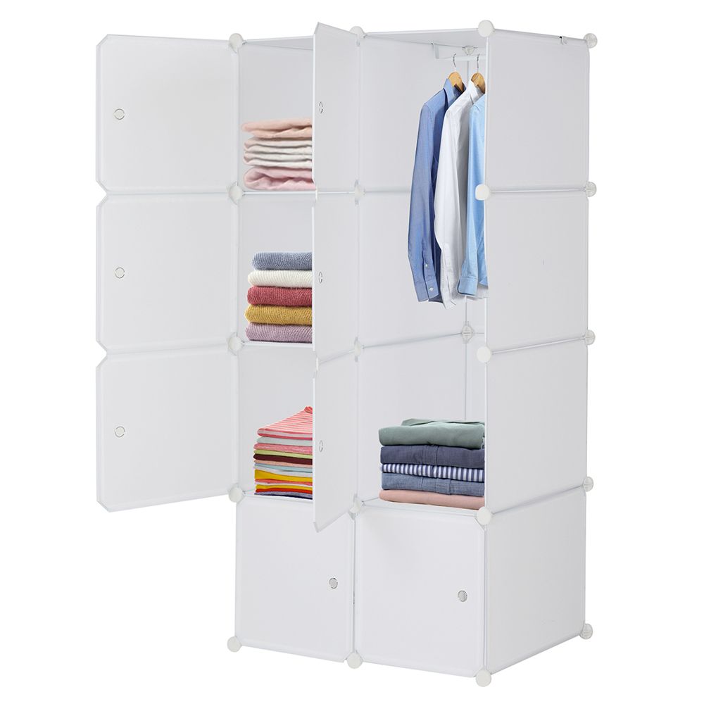 8 Cube Organizer Stackable Plastic Cube Storage Shelves Design Multifunctional Modular Closet Cabinet with Hanging Rod White Doors and Black Panels