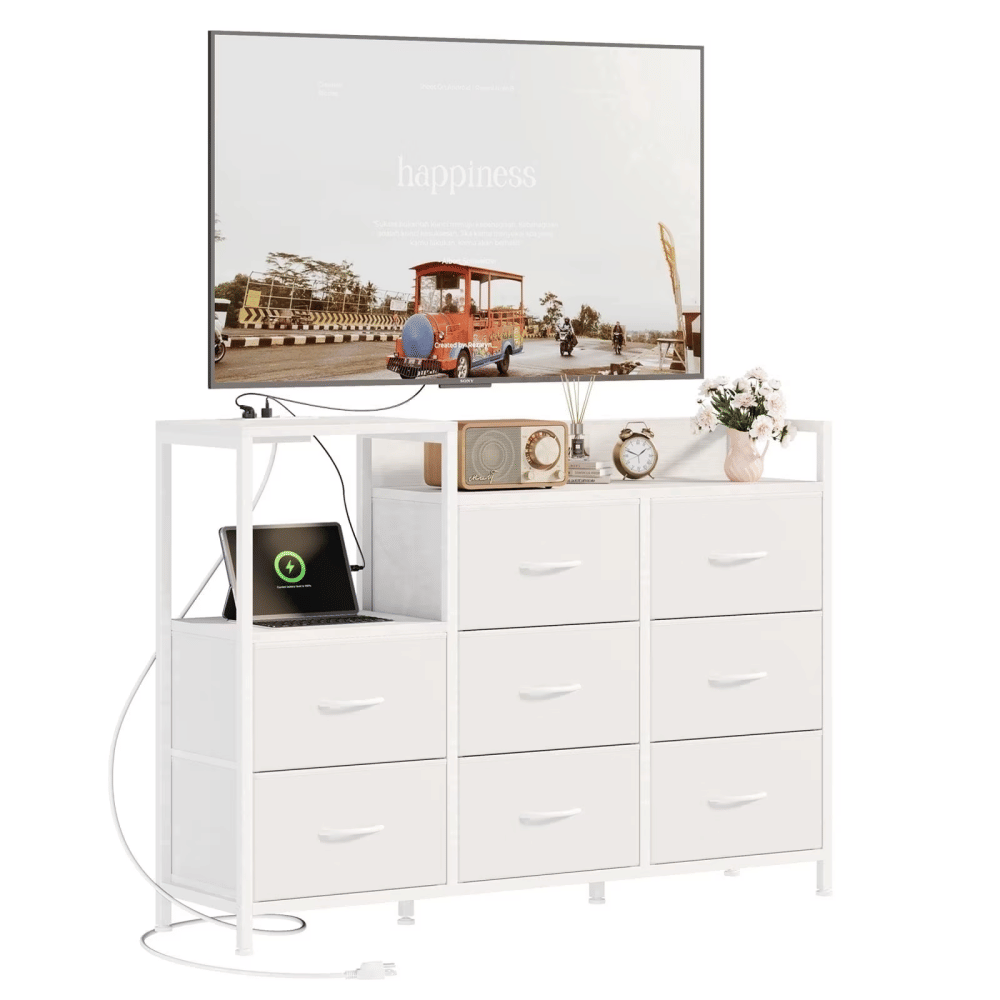 8 Drawer Dresser TV Stand, with Power Outlets and Open Shelves,forBedroom and Living Room, White