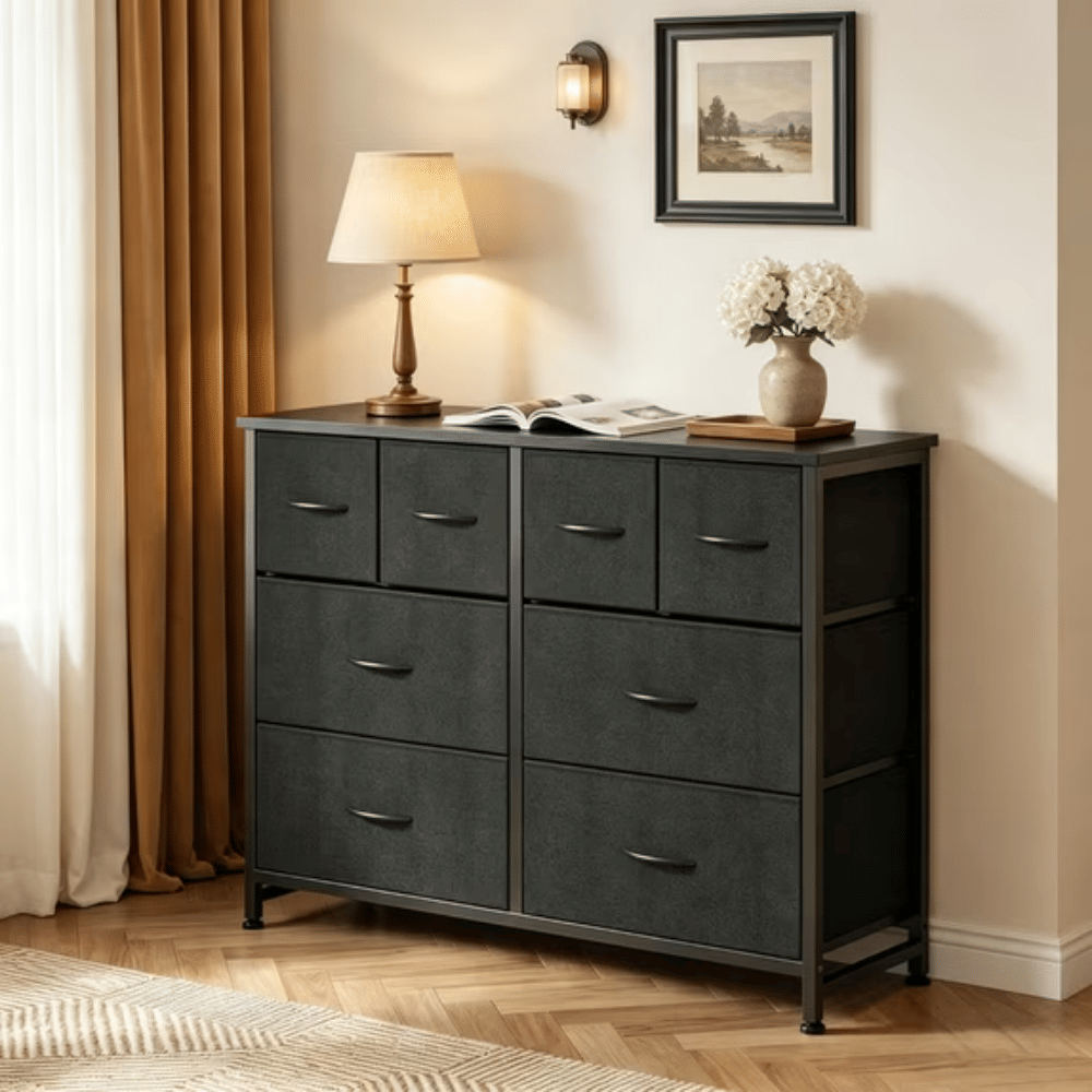 8 Drawers Fabric Cabinet Metal Frame Wide Wood TopStorageTower TV Stand Clothes Organizer for Bedroom Living Room,Black