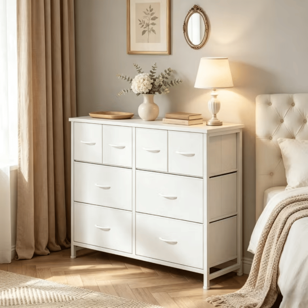 8 Drawers Fabric Cabinet Metal Frame Wide Wood TopStorageTower TV Stand Clothes Organizer for Bedroom Living Room,White
