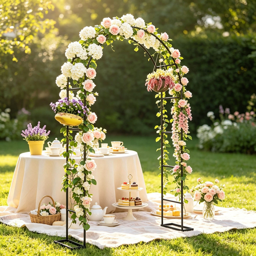 8 ft Black Steel Garden Arbor Trellis Large Base Arch Stand for Backyard Garden & Wedding Entrance
