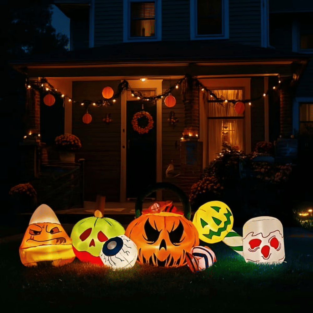 8 ft Long Halloween Inflatable Pumpkin Candy Display with Eyeball and 7 Warm White LED Lights