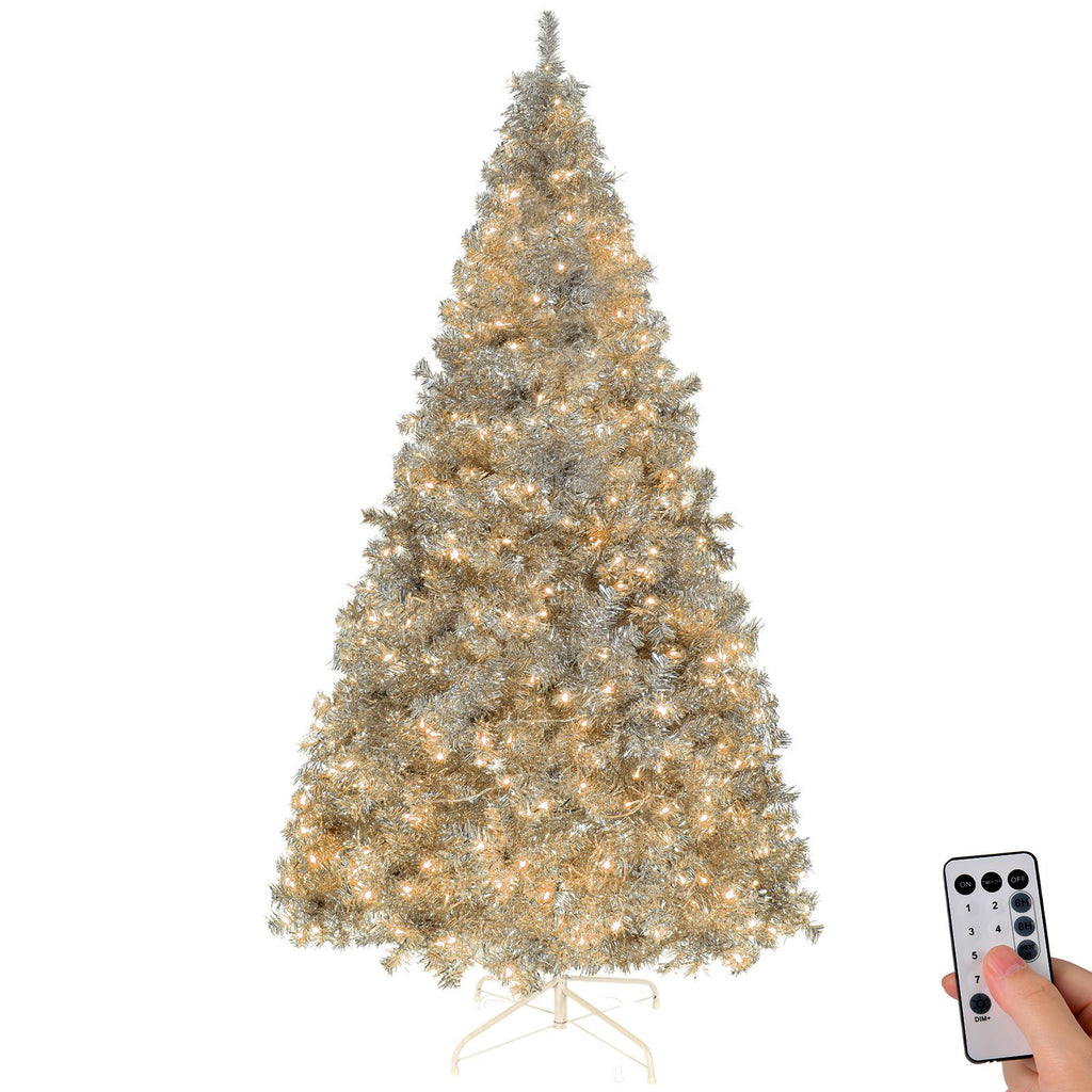 8 FT Pre-lit Artificial Christmas Tree, Hinged Xmas Pine Tree with 1350 Branch Tips, 500 Lights and Remote Control for Holiday Party Office Home, Silver