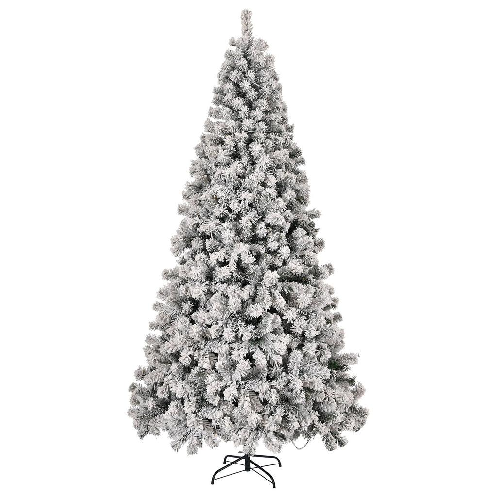 8 FT Pre-lit Snow Flocked Christmas Tree, Artificial Hinged Xmas Pine Tree with 1300 Branch Tips, 500 Lights for Holiday Party Office Home, Snowy Green