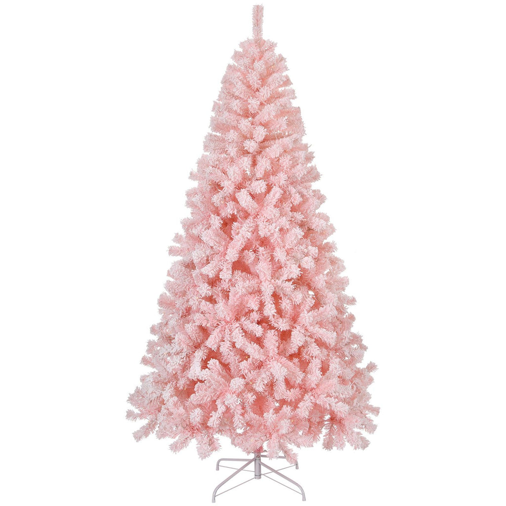 8 FT Snow Flocked Hinged Christmas Tree, Unlit Artificial Christmas Pine Tree with 1450 Branch Tips and Sturdy Metal Stand, Snowy Pink