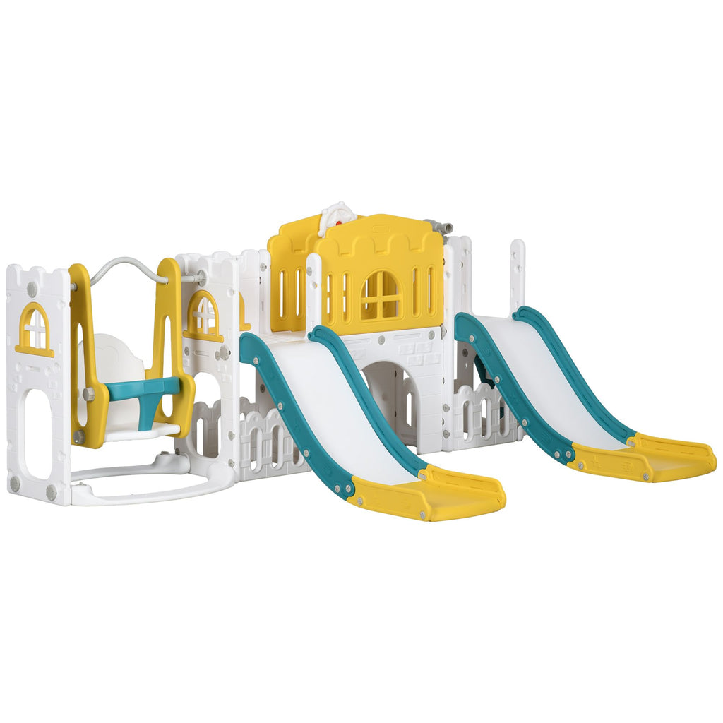 8-in-1 Toddler Slide and Swing Set, Yellow, with Dual Slides, Basketball Hoop, Climber, Storage, Telescope, for Ages 1-3