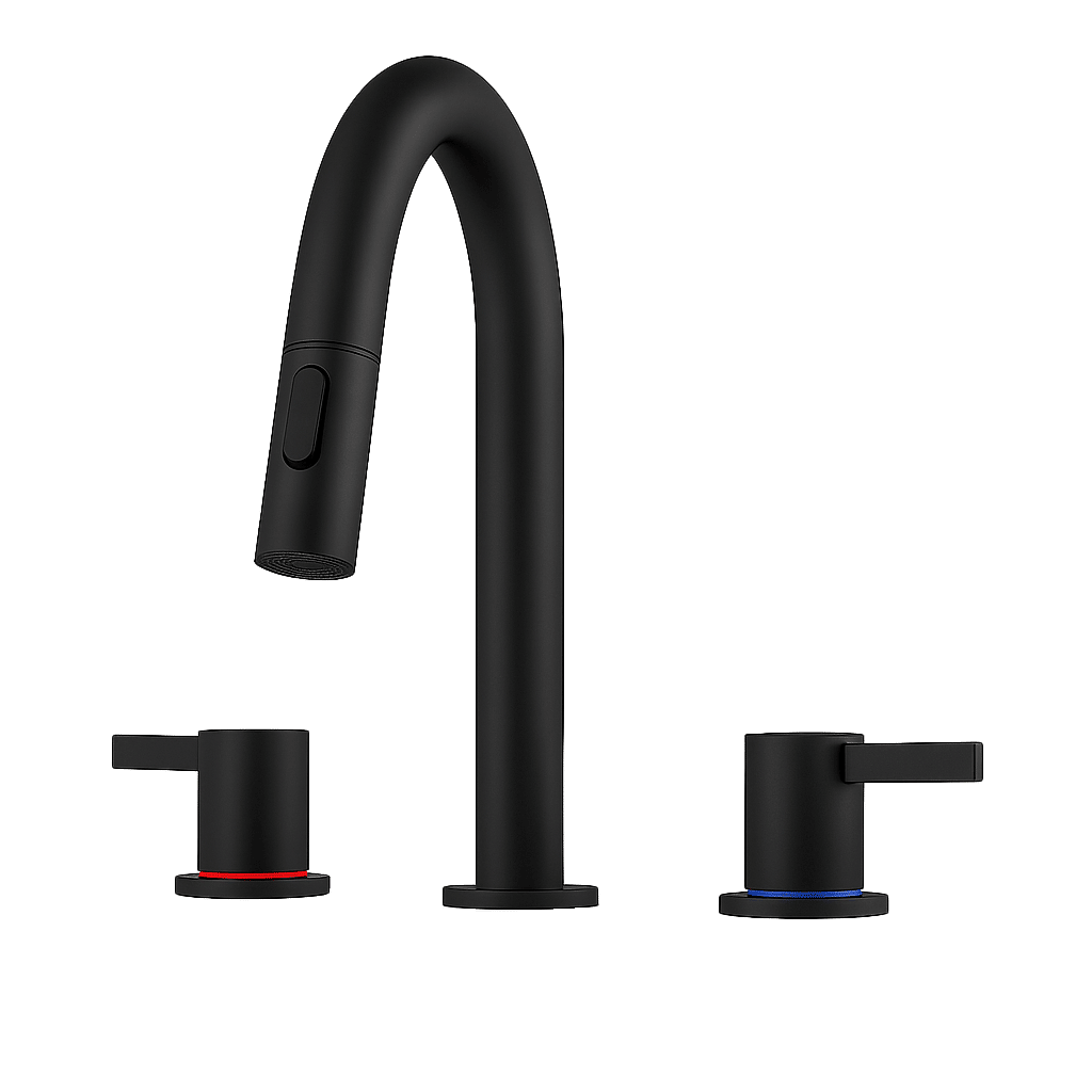 8-Inch Widespread Lavatory Faucet, 2-Handle 3-Hole with Pop-Up Drain and 360° Pull-Down Sprayer, Matte Black