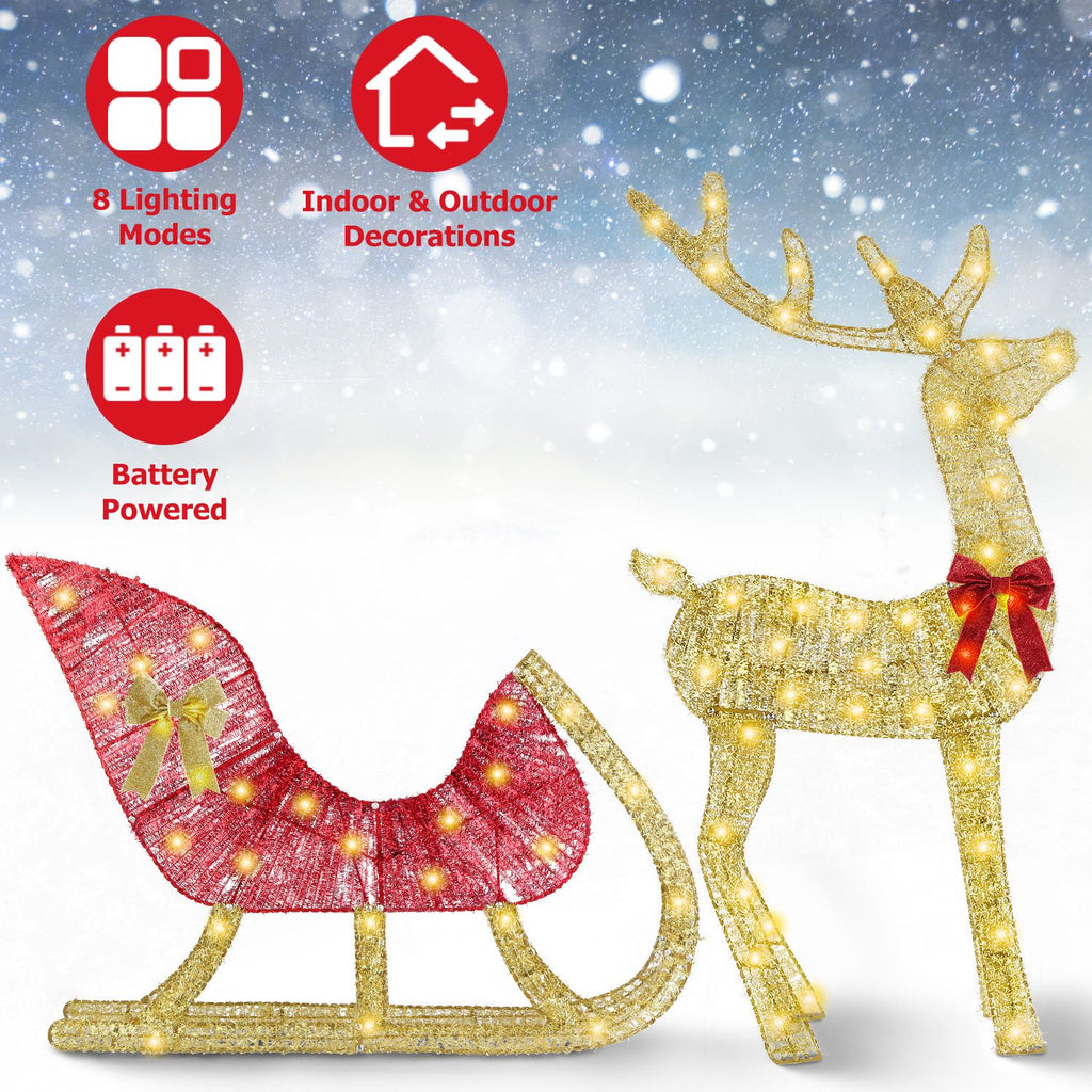 8 Modes Lighted Christmas Reindeer & Sleigh - 16.97ft Warm Yellow LED String Decoration, Sturdy Rustproof Iron Frame, Reusable Indoor Outdoor Decor for Yard Porch Living Room Party