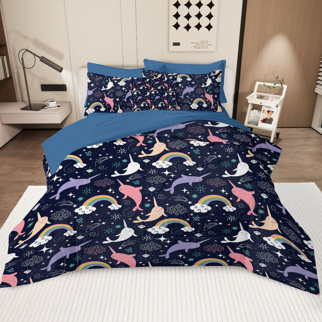 8-Piece Whale Comforter for Twin Bed Girls Narwhal Comforter Set Bed in A Bag Rainbow - 1 Comforter, 2 Pillow Shams, 1 Flat Sheet, 1 Fitted Sheet, 2 Pillowcases, 1 Cushion Cover