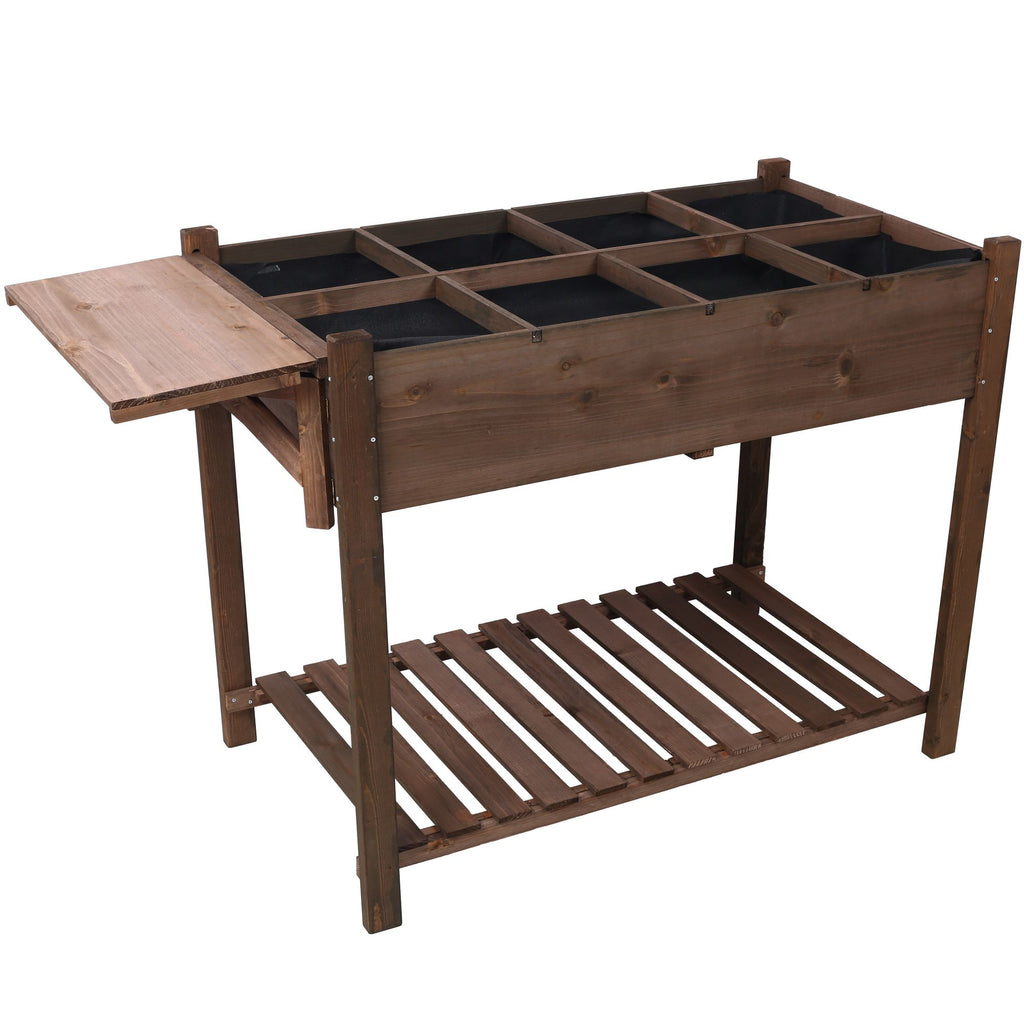8 Pockets Horticulture Raised Garden Bed Elevated Wood Planter Box Stand with Foldable Side Table and Storage Shelf for Herb/Vegetables/Flowers, dark brown color