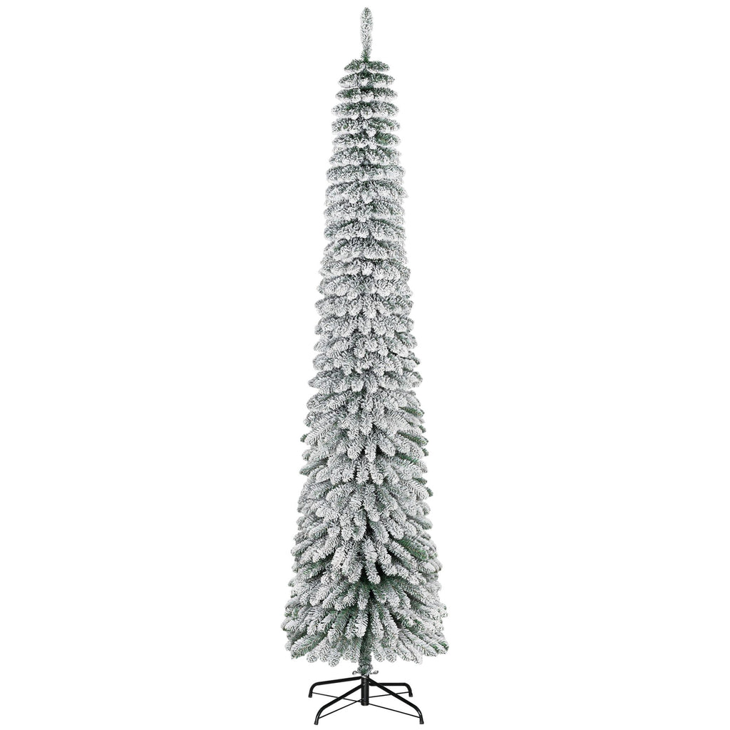 8' Tall Unlit Slim Pencil Xmas Tree, Snow Flocked Artificial Christmas Tree with Realistic Branches and 603 Tips, Green