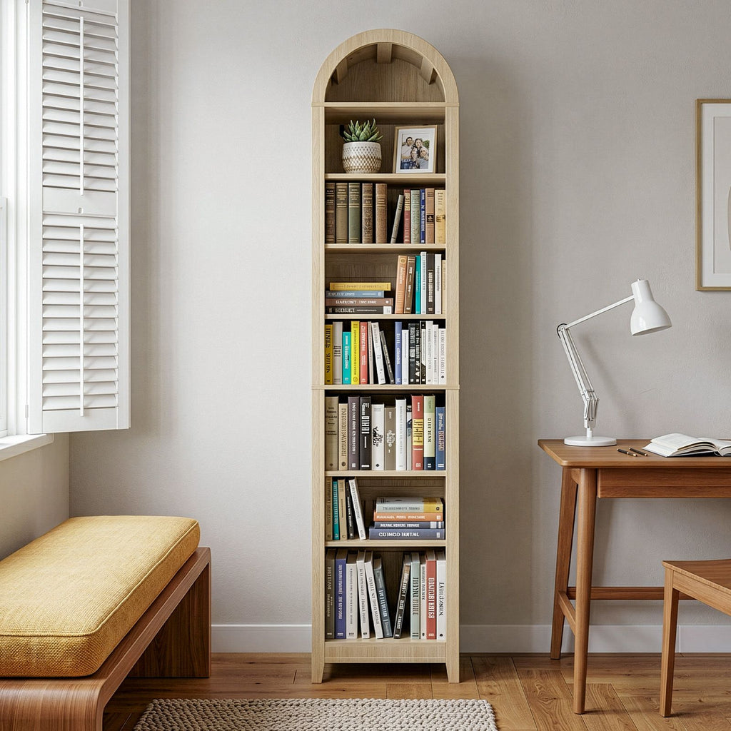 8-Tier Arched Dome Display Rack Particleboard Melamine-Faced Bookshelf 15.75*11.81*70in Oak