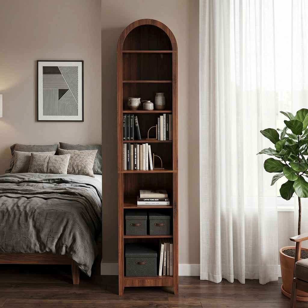 8-Tier Arched Dome Display Rack Particleboard Melamine-Faced Bookshelf 15.75*11.81*70in Walnut