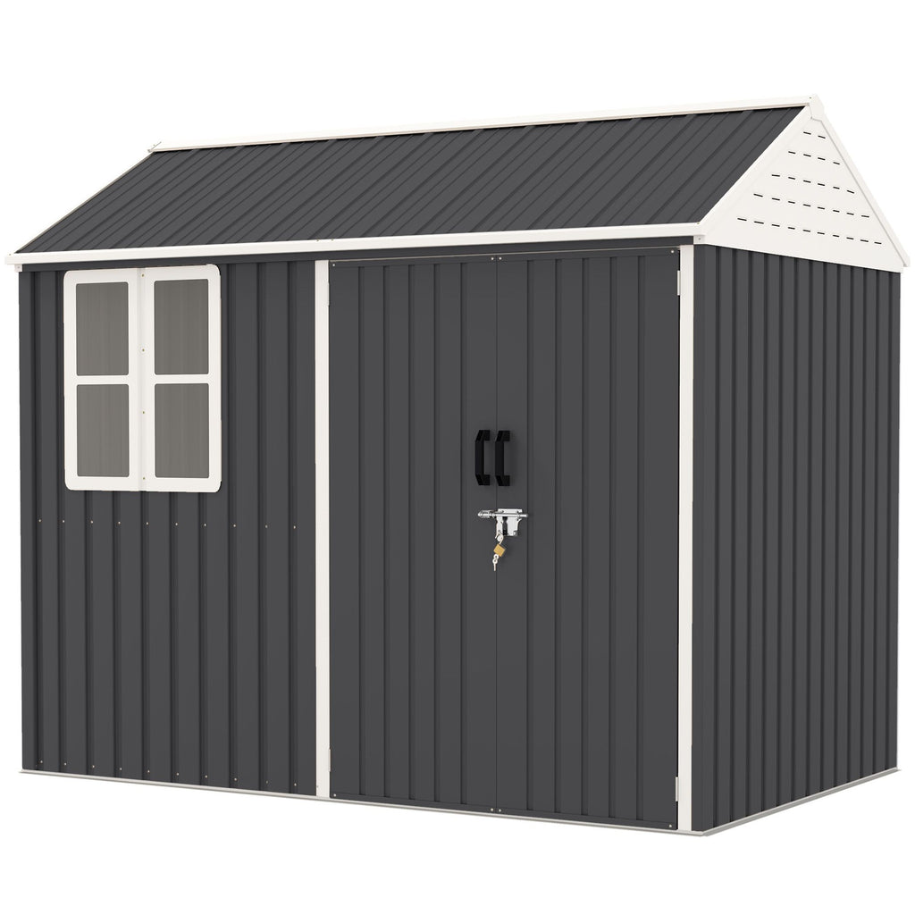 8' x 6' Metal Garden Storage Shed, Extra Large Outdoor Tool Storage House w/ Doors, Window and Air Vents, Dark Gray