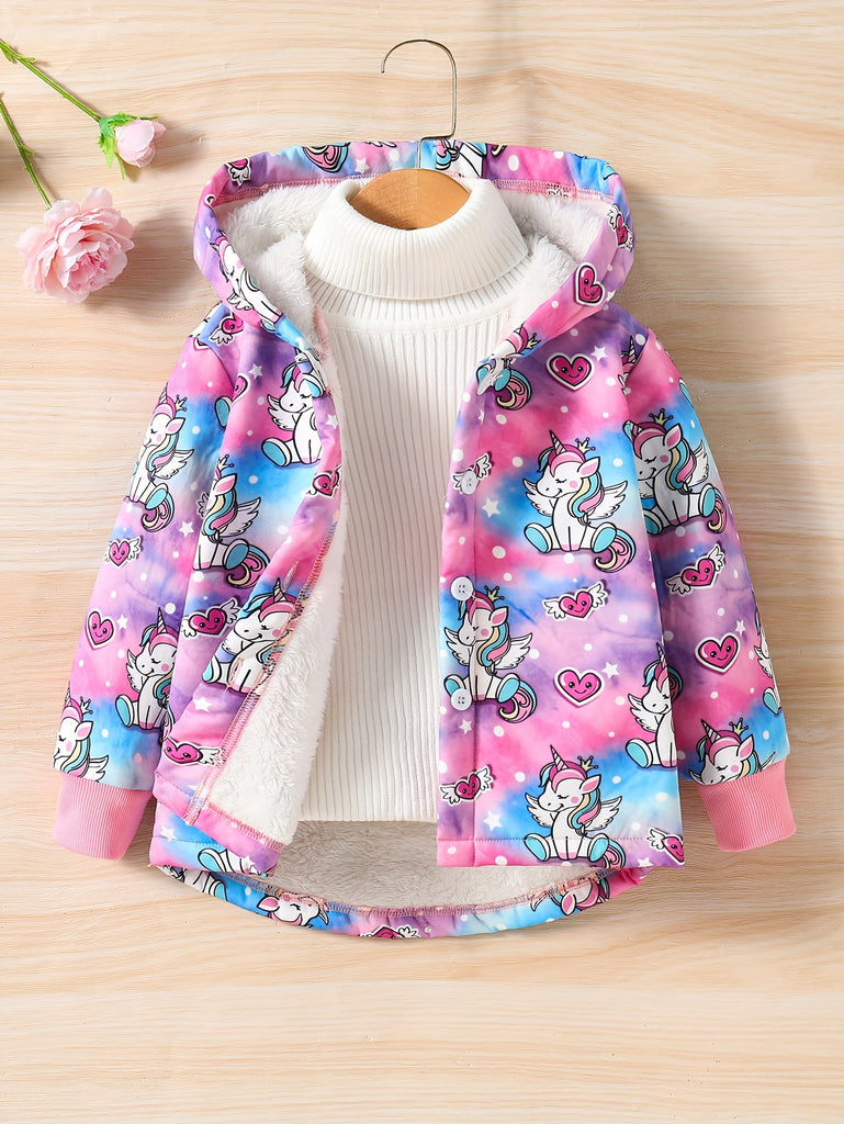 Unicorn Print Winter Girls Hooded Cartoon Pattern Button Hoodie Jacket With Polar Fleece Lining, For Party Going Out