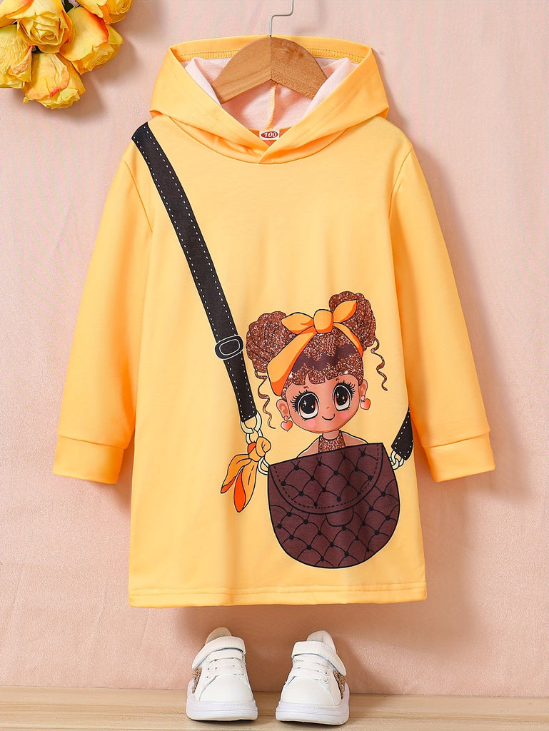 Cartoon Girl & Bag Graphic Print Girls Casual Longline Sweatshirt Hoodie, Kids Pullovers For Spring/ Fall, Gift Idea