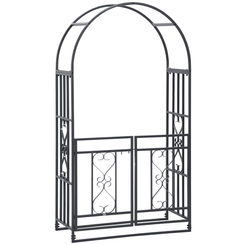 81" Grey Metal Garden Arbor with Double Doors & Locking Gate, Heart Motif Trellis for Wedding Decoration